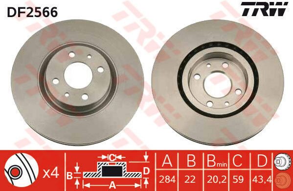 ÖN FREN AYNASI FIAT DOBLO 05 IDEA 04 LINEA 09 FIORINO 09 BRAVO 01 STILO 01 284x22x 4 DELİK HAVALI-TRW DF2566-46455892-71739569
