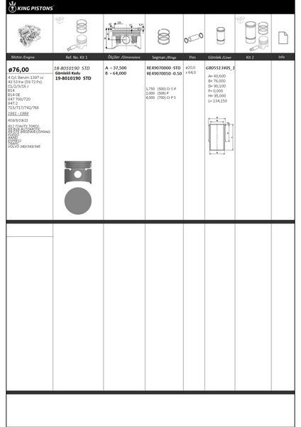 MOTOR KITI PİSTON SEGMAN GÖMLEK R12 R9 1.4 76.00 STD RIKEN SEGMANLI-KINGPISTON 19-8010190-7701465872-7701460700-7701462153