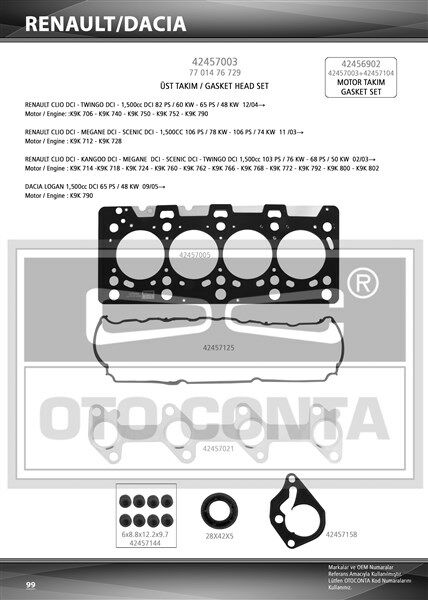 ÜST TAKIM CONTASI CLIO-KNG-MGN-LOGAN-SANDERO 1.5DCI K9K 712-714-718-724-760 TEFLON KEÇELİ SUB.LAS-OTOCONTA 42457003-7701476729-8200351353-110444213R