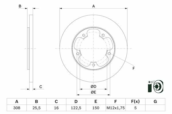 ARKA FREN DISKI TRANSIT V363 14 TEK TEKER A.CEKER DUZ 308MM 5 BIJON-BOSCH-BK312A315AB-KK312A315AA-1815599