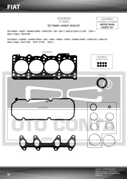 ÜST TAKIM CONTASI KEÇELİ PUNTO-DOBLO-FIORINO-LINEA 1.4 8V 199 A7.000-350 A1.000-FP4-OTOCONTA 42428003-71740655