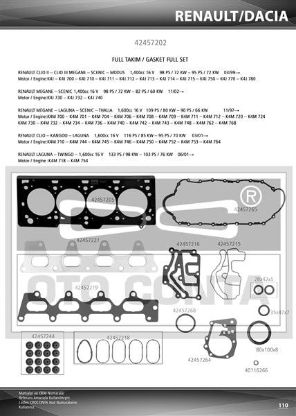 MOTOR TAKIM CONTASI MGN-CLIO-LGN-LOGAN 1.4-1.6 16V K4J-K4M KEÇELİ SUBAP LASTİKLİ-OTOCONTA 42457202-7700112739-8200356346
