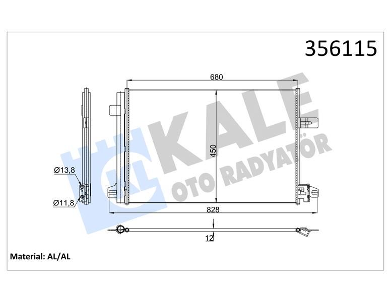 KONDENSER VOLKSWAGEN TRANSPORTER VI-MULTIVAN VI 2.0TDI 15 12V KURUTUCULU 12MM AL/BRZ 664X450.5X12-KALE-7E0820411F