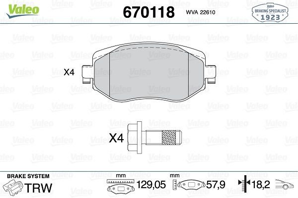 ÖN FREN BALATASI RENAULT MEGANE IV 15 TÜM MOTOR TİPLERİ G:129MM Y:58.4 MM K:18MM-VALEO 670118-410603407R-WVA22610-410605929R