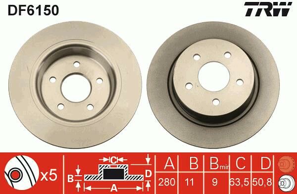 ARKA FREN DISK AYNASI YENI CONNECT CHC 1.6 /1.5 TDCI 15 C-MAX 12 KUGA II 13 20 GRAND C-MAX 11 MERKEZLEME CAPI 63.5 mm YUKSEKLIK 50.8 mm 5 Delik DIS CAP 279.8-TRW DF6150-DV612A315BA-AV612A3315BA-1683383