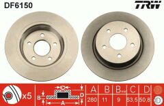 ARKA FREN DISK AYNASI YENI CONNECT CHC 1.6 /1.5 TDCI 15 C-MAX 12 KUGA II 13 20 GRAND C-MAX 11 MERKEZLEME CAPI 63.5 mm YUKSEKLIK 50.8 mm 5 Delik DIS CAP 279.8-TRW DF6150-DV612A315BA-AV612A3315BA-1683383