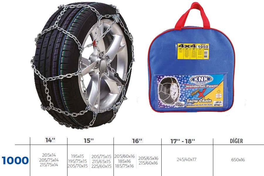 PATİNAJ ZİNCİRİ 4x4 JEEP - MİNİBÜS VE HAFİF TİC.ARAÇ ZİNCİR EBATLARI İÇİN RESİME BAKINIZ-KNK4 1000