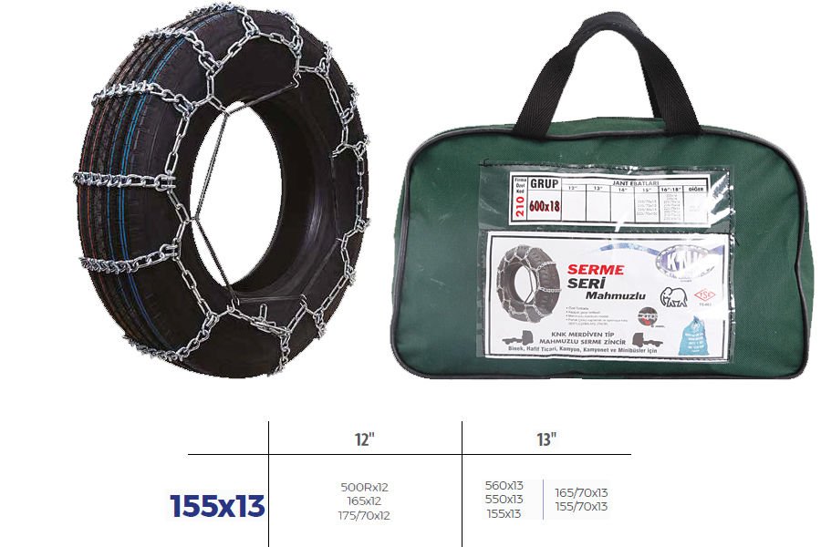 PATİNAJ ZİNCİRİ BİNEK VE HAFİF TİC.ARAÇ SERME 12-13 JANT 560x13 ZİNCİR EBATLARI İÇİN RESİME BAKINIZ-KNK2 155X13