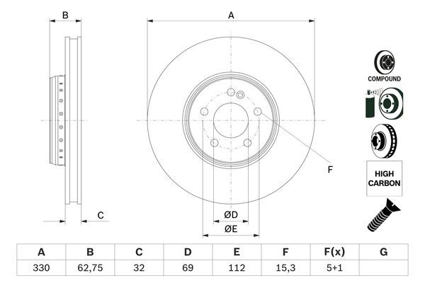FREN DISKI ON MERCEDES W205 S205 C205 A205 W213 S213 C238 A238 X253 C253-BOSCH 0986479G43-A0004212712