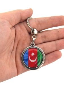 Azerbaycan Bayrak Yuvarlak Damla Anahtarlık