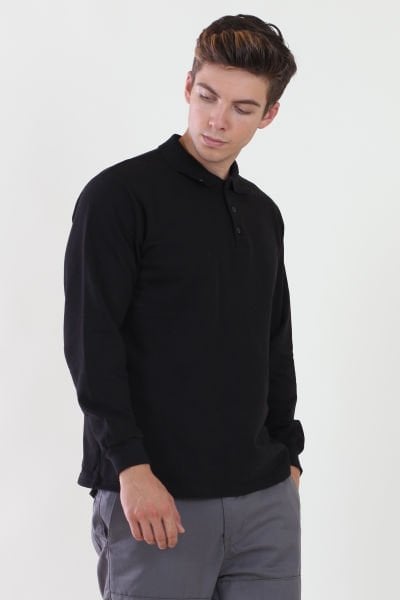 Polo Yaka İki İplik Siyah Sweatshirt iki İplik Şardonlu