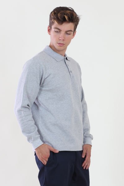 Polo Yaka Gri Melanj Sweatshirt iki İplik Şardonlu