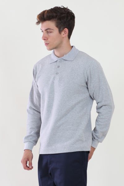 Polo Yaka Gri Melanj Sweatshirt iki İplik Şardonlu