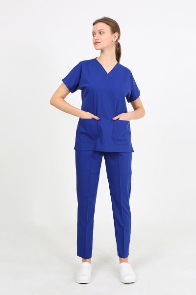 Premium Likralı Saks Mavi Cerrahi Takım Hemşire Doktor Forma Takım