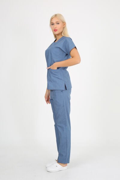 Doktor Hemşire Forması Mavi Melanj Takım Terikoton Unisex