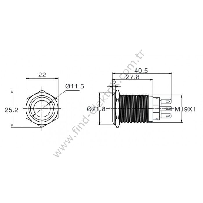 Butto J19-372-L-BD 19mm Metal Mavi Led Işıklı Ampul Logo Kalıcı Buton 6-24V DC