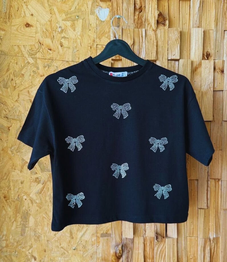 Taş işlemeli kurdeleli kadın T-shirt – %100 pamuk