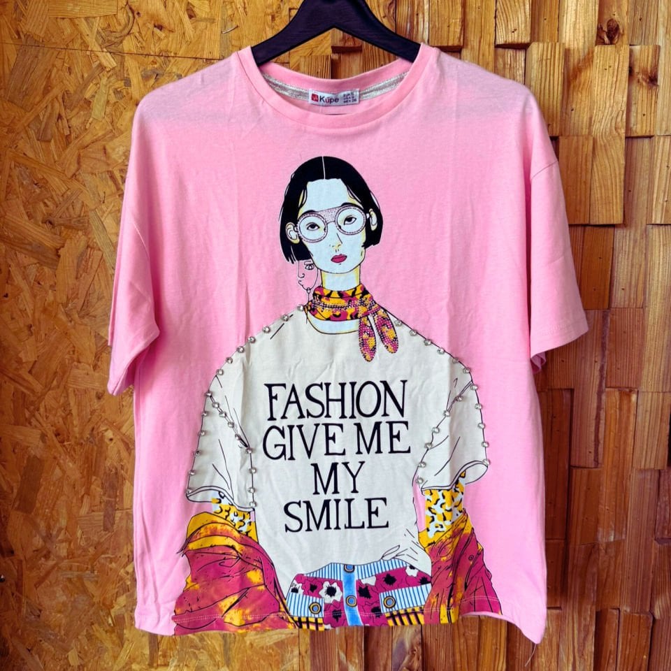 Baskılı ve taş işlemeli beyaz T-shirt – Basic Koleksiyon