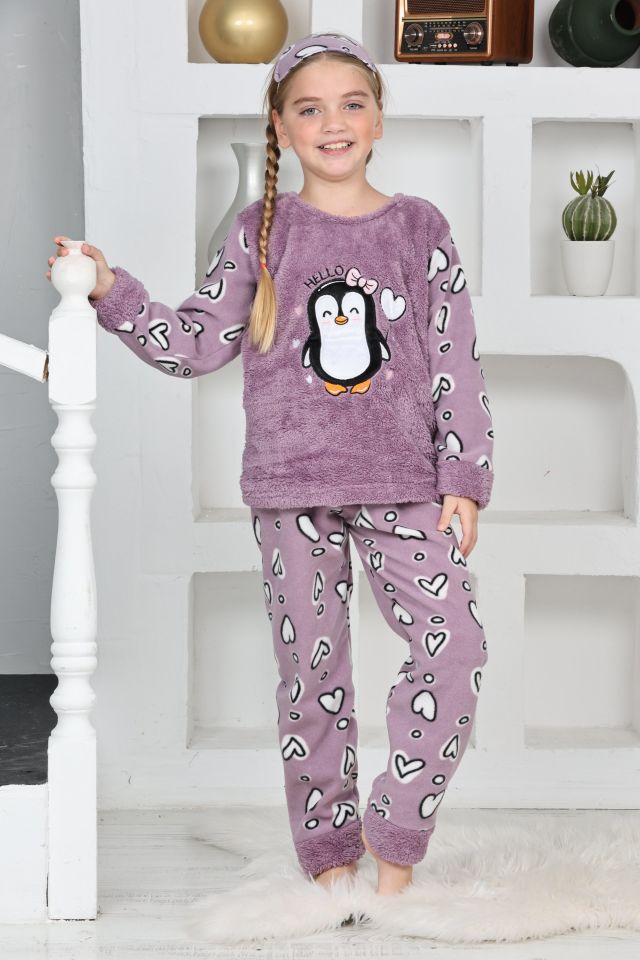 Kapitex 4993 Kız Çocuk Penguenli Polar Uzun Kol Pijama Takımı