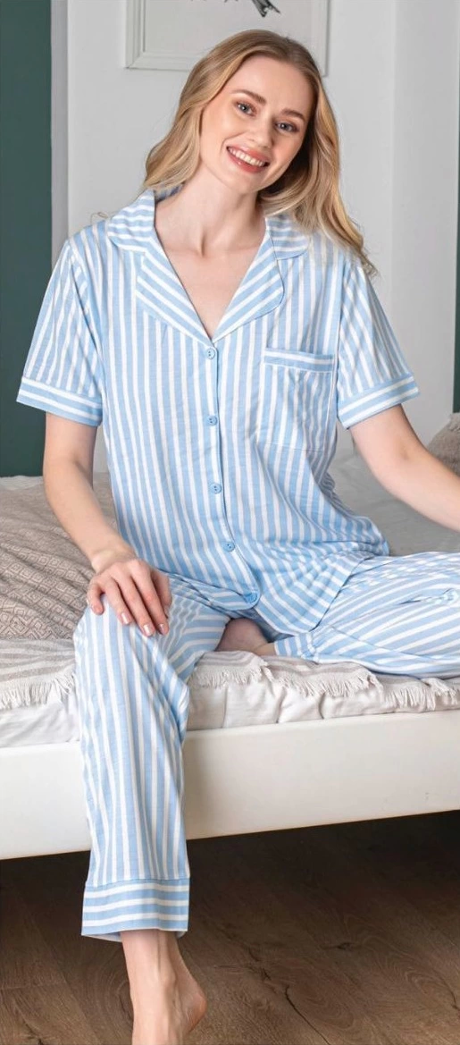 Alissa 6257 Kadın Mavi Çizgili Patlı  Pijama Takımı