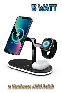 Magsafe Hızlı Şarj İstasyonu 5 in 1 Kablosuz + 1 USB Iphone  Airpods Watch Uyumlu 15W + Gece Lambalı