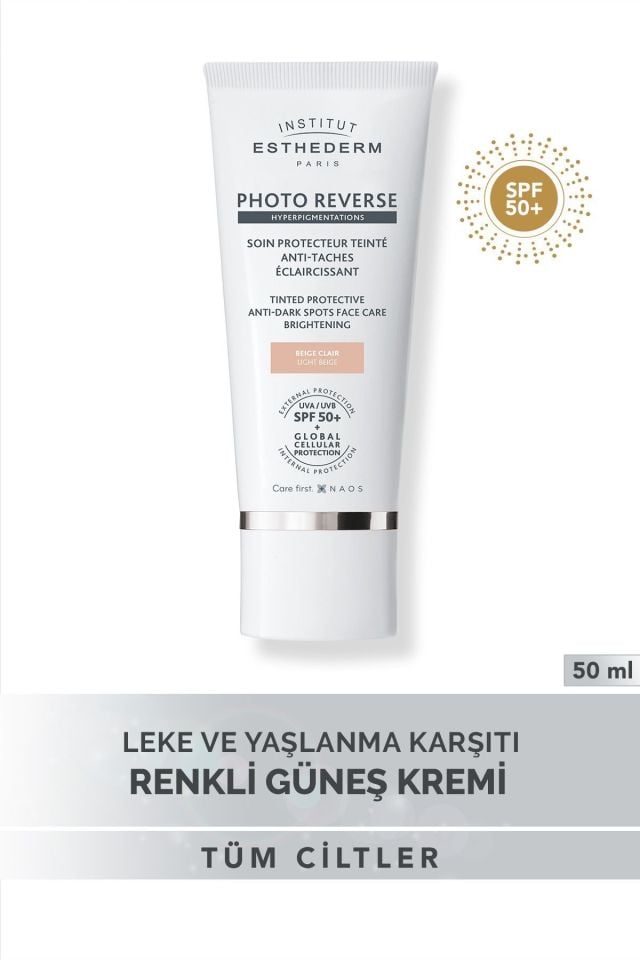 Institut Esthederm Photo Reverse Tinted Light Beige Leke Karşıtı UVA/UVB SPF50+ Yüksek Korumalı Renkli Güneş Kremi 50ML