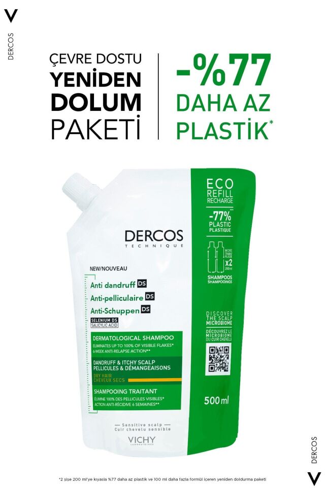 Vichy Dercos Anti-dandruff Kepek Karşıtı Bakım Şampuanı, Kuru Saçlar , Yeniden Dolum Paketi 500 Ml