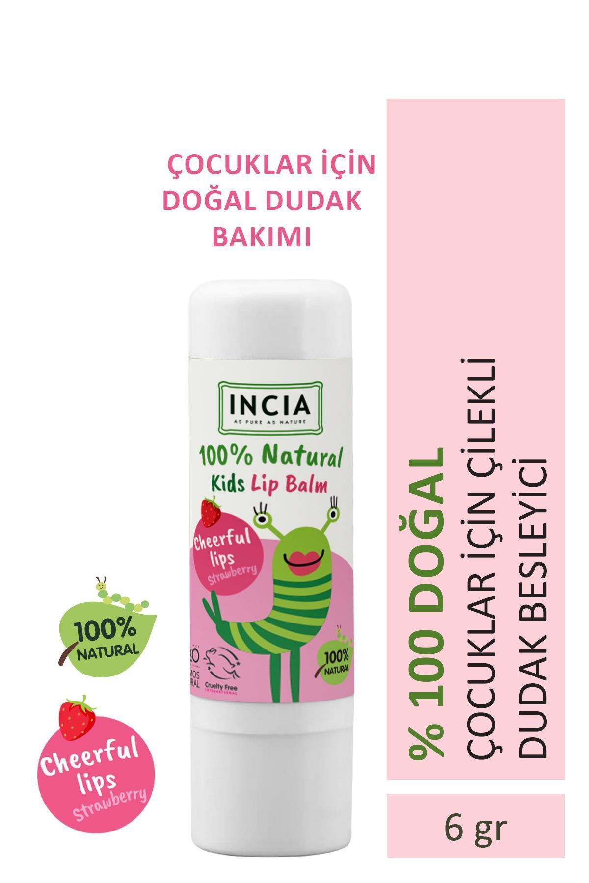 Incia %100 Doğal Kids Dudak Besleyici Çilek Bitkisel Nemlendirici Dudak Bakım Kremi 6 G