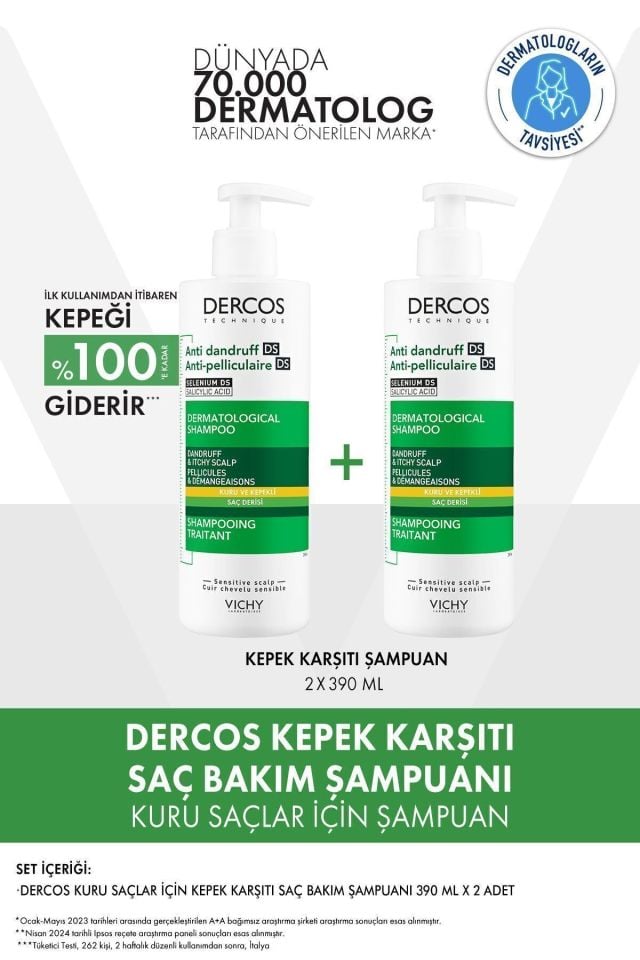 Vichy Dercos Kepeğe Karşı Etkili Bakım Kuru Saç Derisi Şampuanı 390 X 2