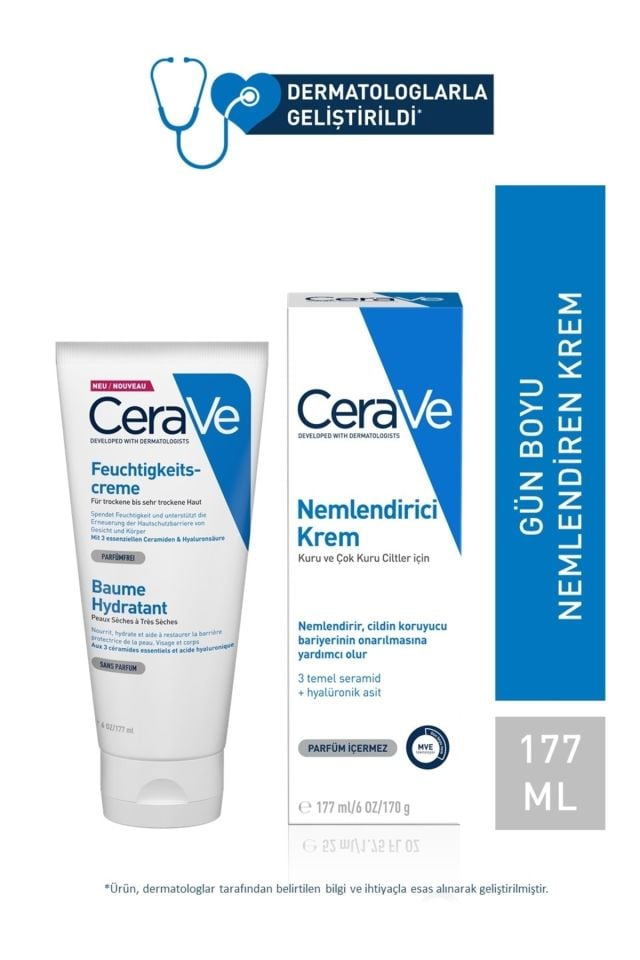 CeraVe Nemlendici Krem Kuru Ciltler Seramid ve Hyalüronik Asit İçerikli Yüz Vücut 177ml 3337875598996