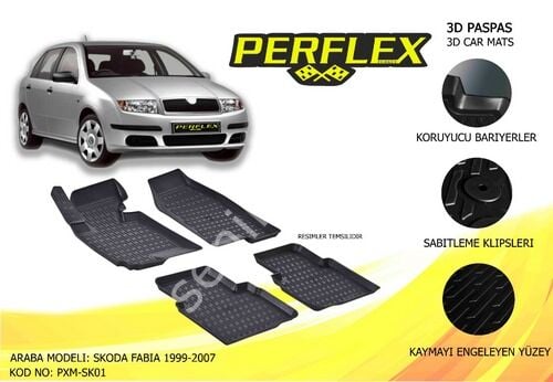 PERFLEX 3D X-MAT HAVUZLU PASPAS ÇEŞİTLERİ SİYAH SKODA FABIA 1999-2007 3D X-MAT 5 PCS