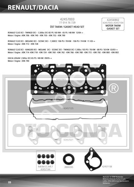 ÜST TAKIM CONTASI CLIO-KNG-MGN-LOGAN-SANDERO 1.5DCI K9K 712-714-718-724-760 TEFLON KEÇELİ SUB.LAS