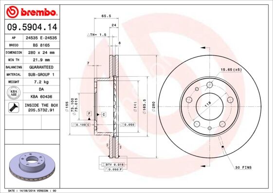 FREN DISKI ON HAVALI 280 MM PEUGEOT BOXER-CITROEN JUMPER-FIAT DUCATO 2.5TD 14Q