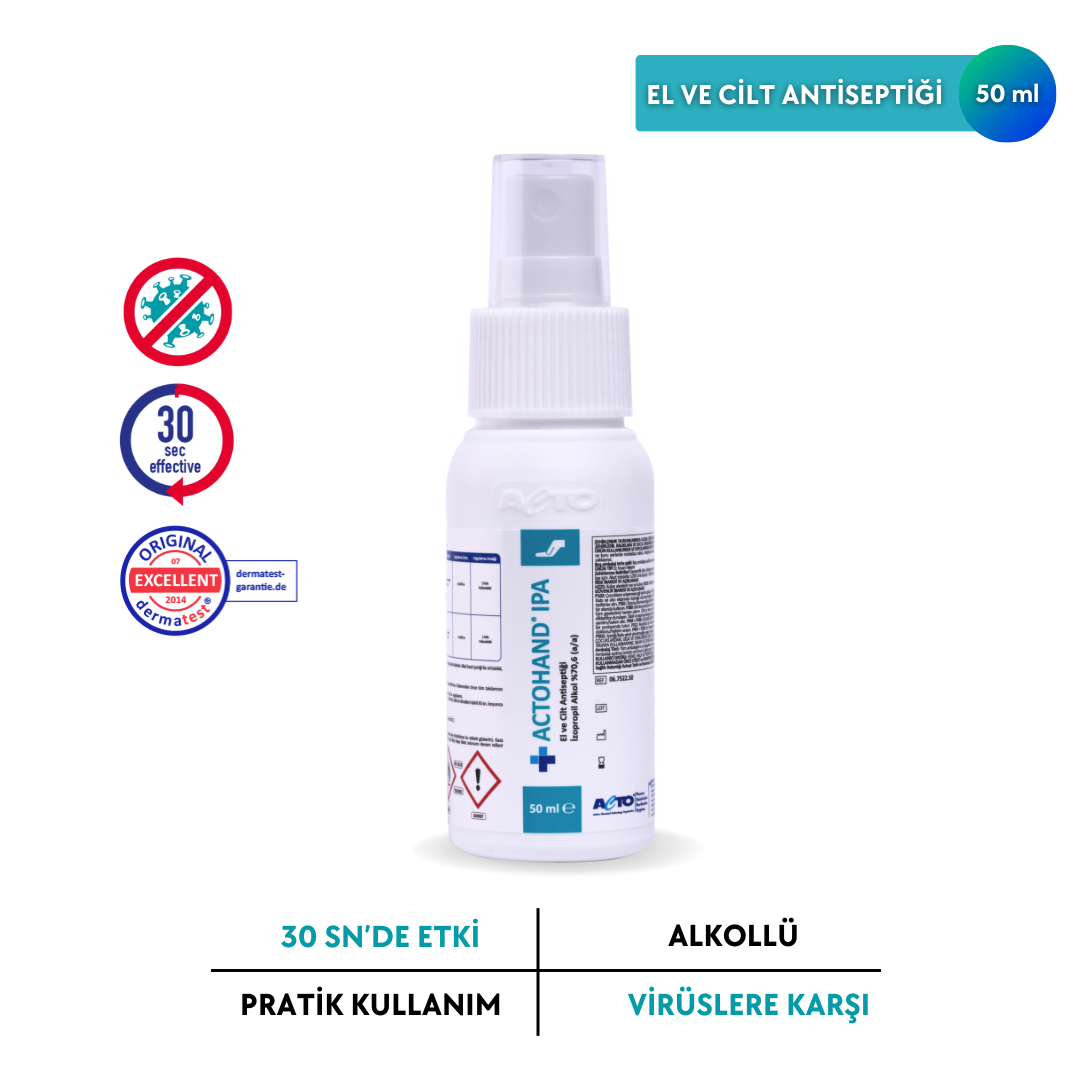 ACTOHAND® IPA 50 ML ﻿(El ve Cilt Antiseptiği - İzopropil Alkol 75 % (v/v) = (70,6 g)