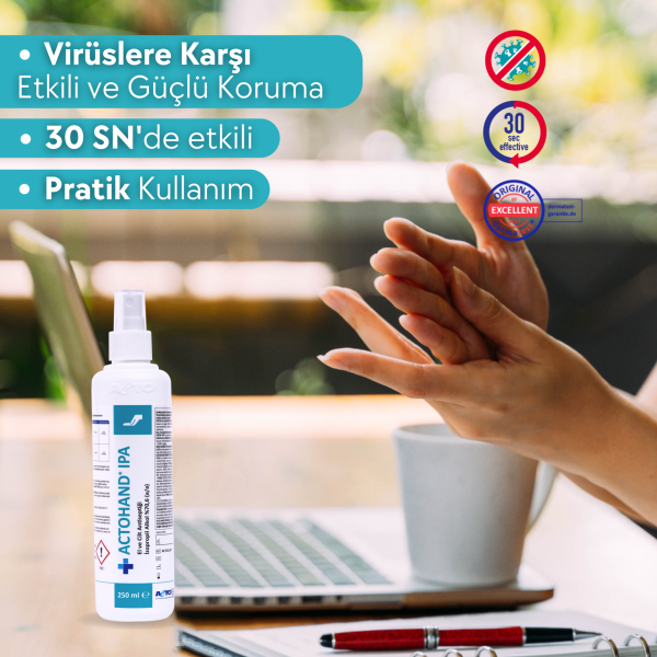 ACTOHAND® IPA 250 ML (﻿El ve Cilt Antiseptiği - İzopropil Alkol 75 % (v/v) = (70,6 g)