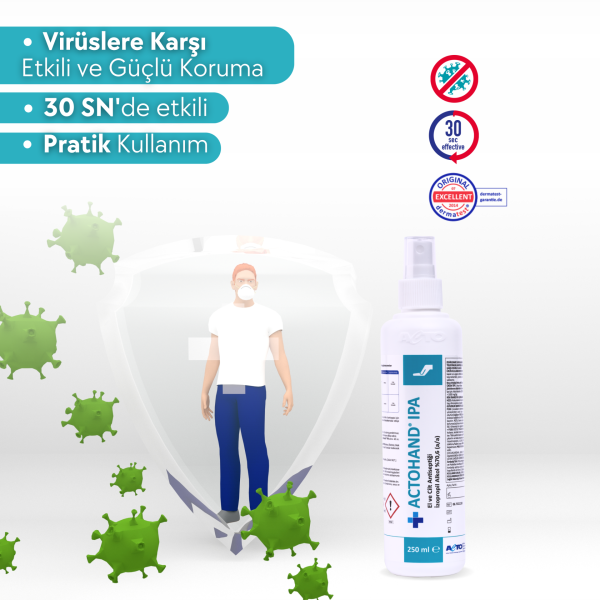 ACTOHAND® IPA 250 ML (﻿El ve Cilt Antiseptiği - İzopropil Alkol 75 % (v/v) = (70,6 g)