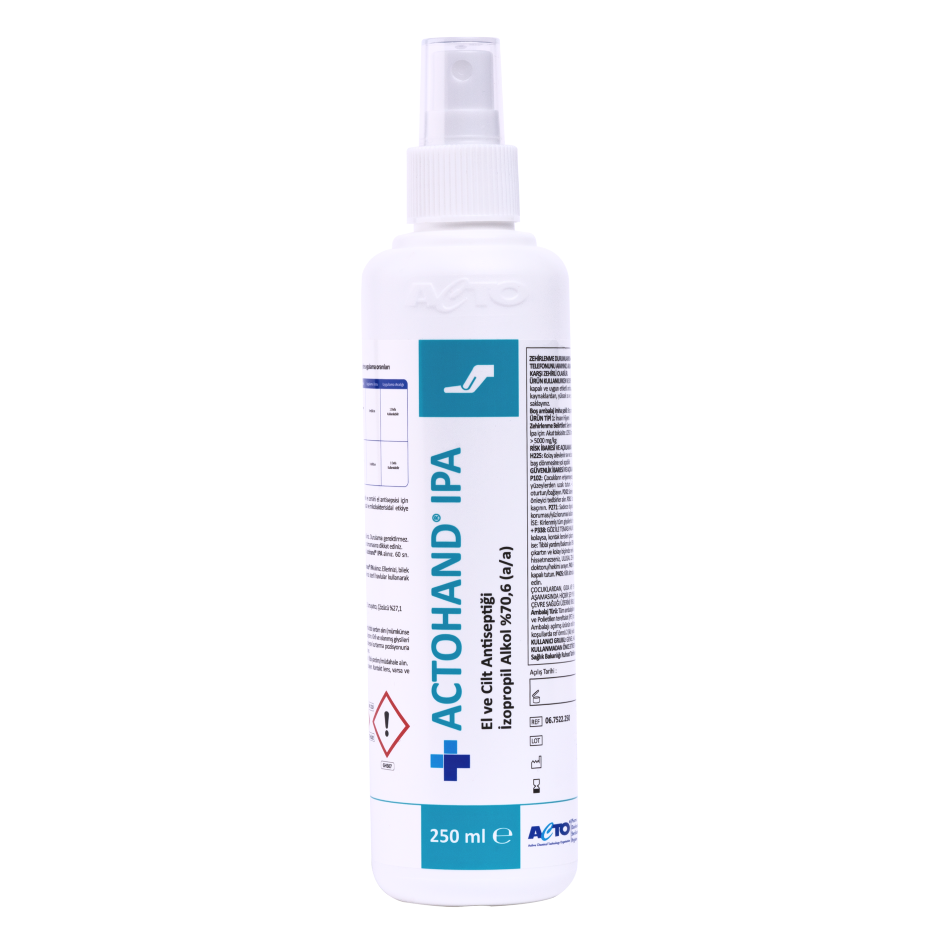 ACTOHAND® IPA 250 ML (﻿El ve Cilt Antiseptiği - İzopropil Alkol 75 % (v/v) = (70,6 g)