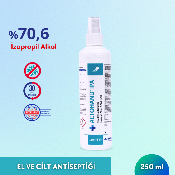 ACTOHAND® IPA 250 ML (﻿El ve Cilt Antiseptiği - İzopropil Alkol 75 % (v/v) = (70,6 g)