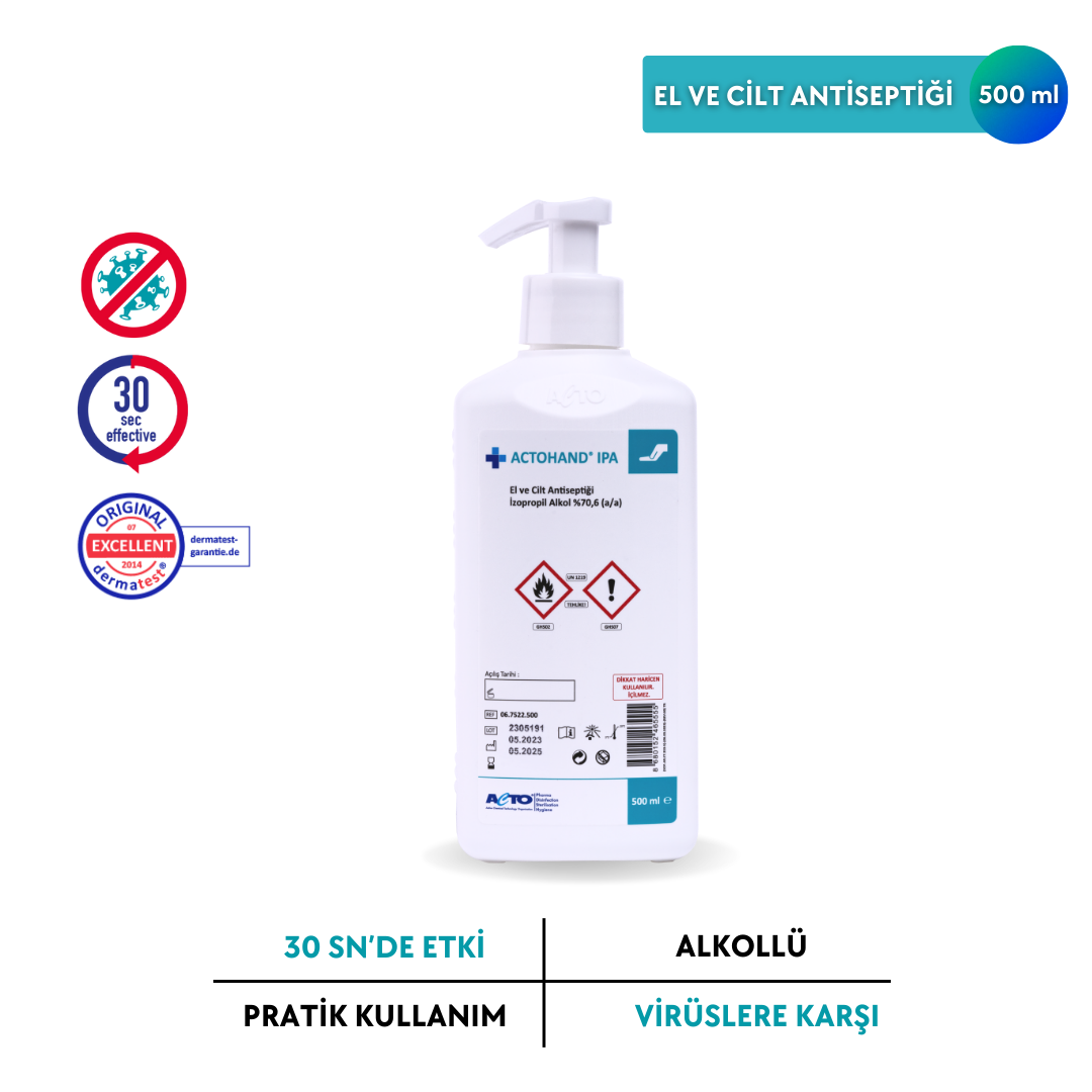 ACTOHAND® IPA 500 ML (﻿El ve Cilt Antiseptiği - İzopropil Alkol 75 % (v/v) = (70,6 g)