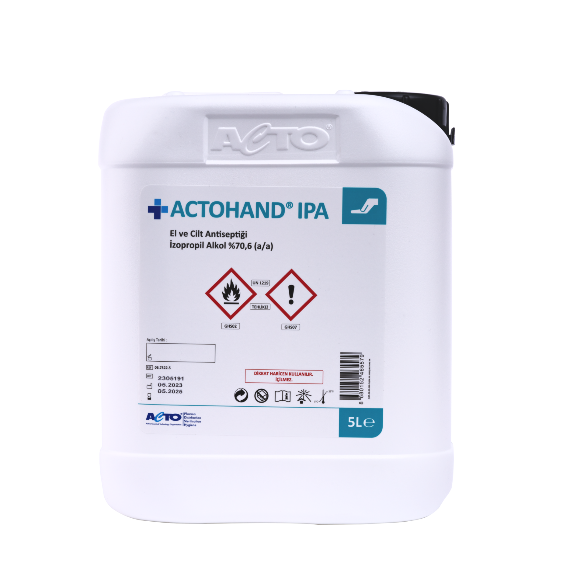 ACTOHAND® IPA 5 L ﻿(El ve Cilt Antiseptiği - İzopropil Alkol 75 % (v/v) = (70,6 g)