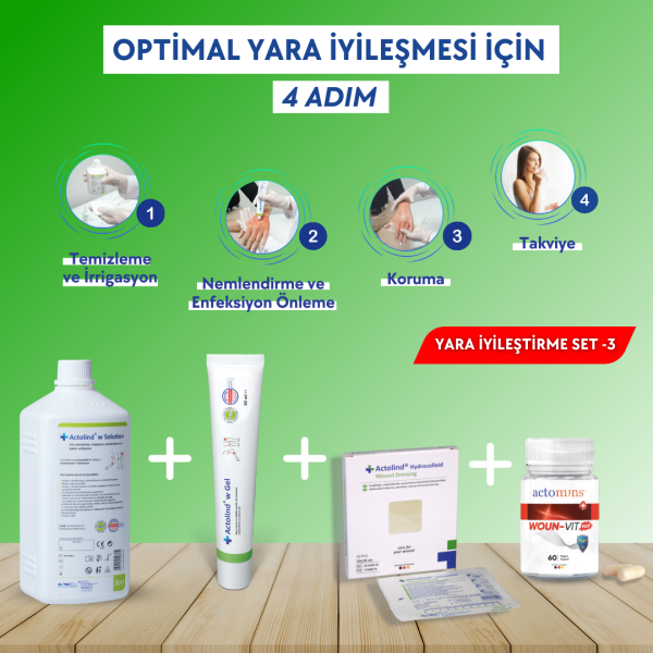 ACTOLIND® 1 L Yara İyileştirme Solüsyonu + 50 ml Yara İyileştirme Jeli + Actomins® Woun-Vit Plus + Yapışkanlı Yara Pansumanı - 100x100 mm 4'lü Set