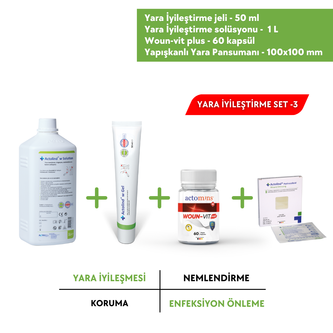 ACTOLIND® 1 L Yara İyileştirme Solüsyonu + 50 ml Yara İyileştirme Jeli + Actomins® Woun-Vit Plus + Yapışkanlı Yara Pansumanı - 100x100 mm 4'lü Set