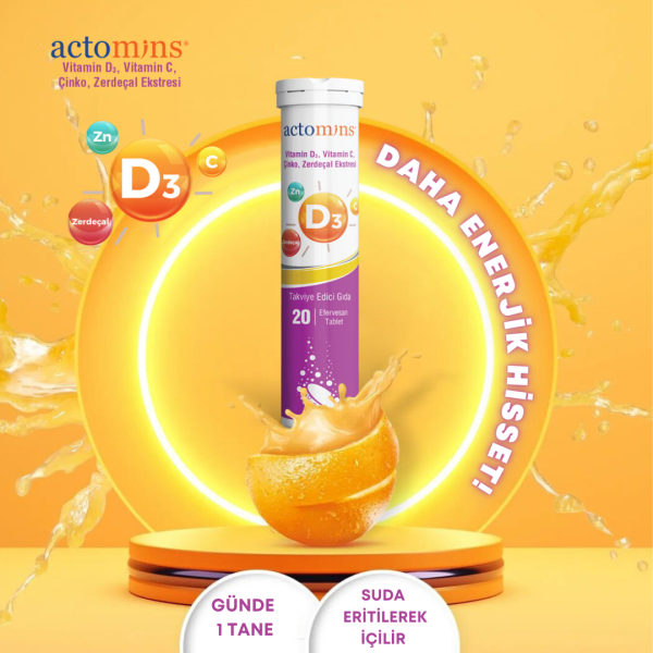 ACTOMINS® Vitamin D3, Vitamin C, Çinko, Zerdeçal Ekstresi 20 Tablet
