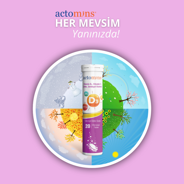 ACTOMINS® Vitamin D3, Vitamin C, Çinko, Zerdeçal Ekstresi 20 Tablet