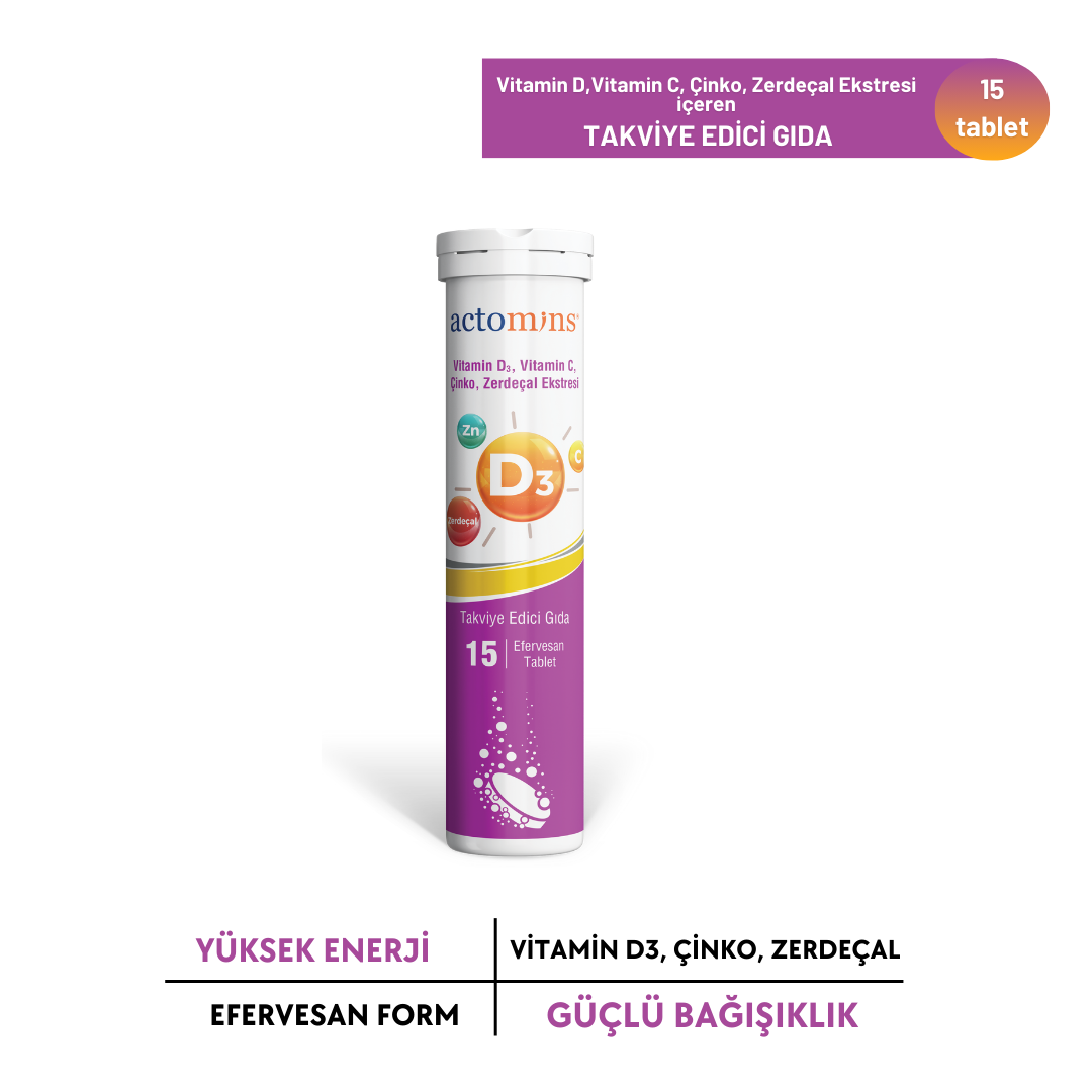 ACTOMINS® Vitamin D3, Vitamin C, Çinko, Zerdeçal Ekstresi 15 Tablet