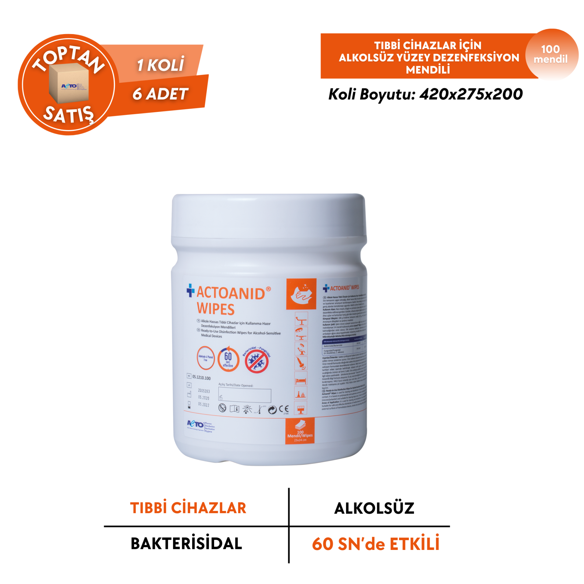 ACTOANID® WIPES 100 pcs Hassas Yüzeyler için Dezenfeksiyon Mendili - Toptan Satış