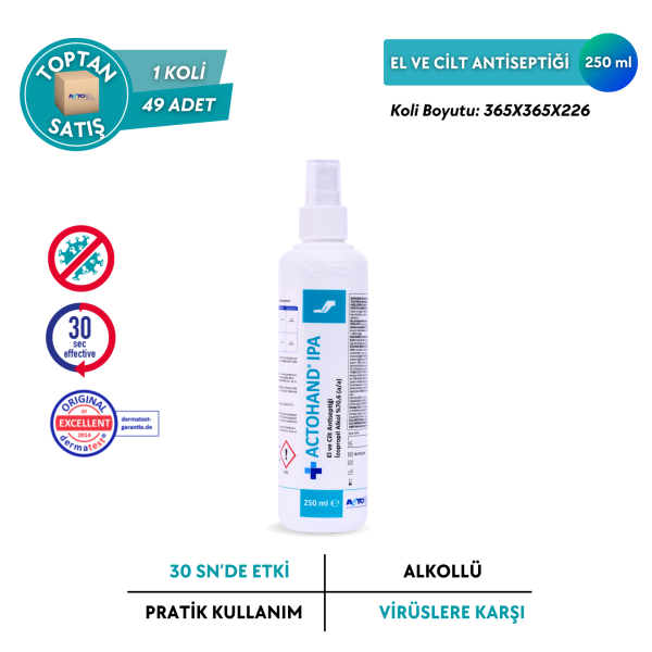 ACTOHAND® IPA El ve Cilt Antiseptiği - İzopropil Alkol 75 % (v/v) = (70,6 g) - Toptan Satış 250 ml