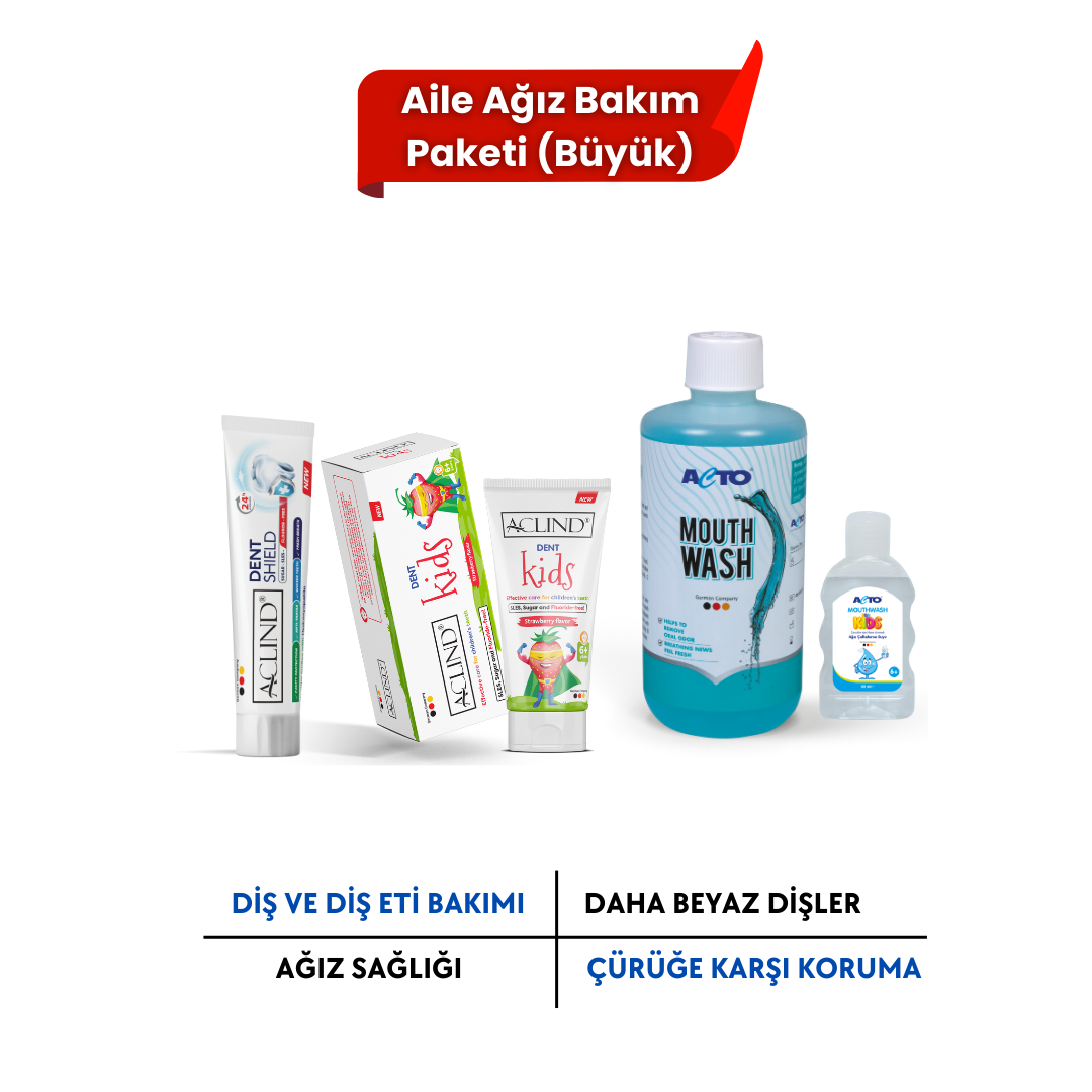 Aclind Aile Ağız Bakım Paketi - Büyük (DENT SHIELD 100 ml + Dent Kids 75 ml + MOUTHWASH 500 ml )