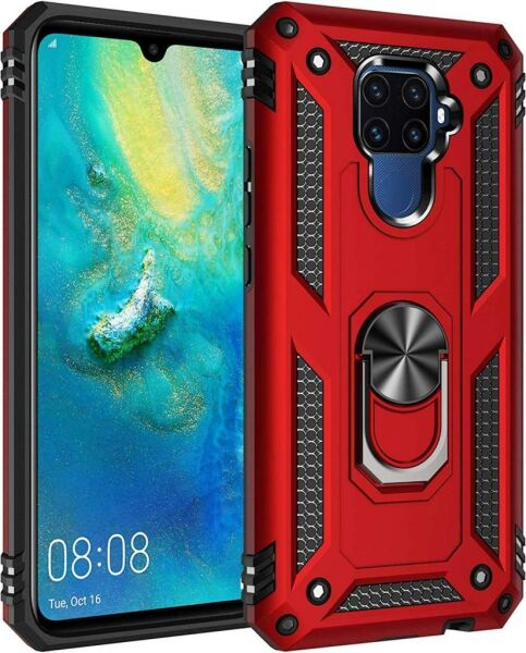 Mate 30 Lite ile Uyumlu Yüzüklü Standlı Zırhlı Silikon Kılıf Kırmızı