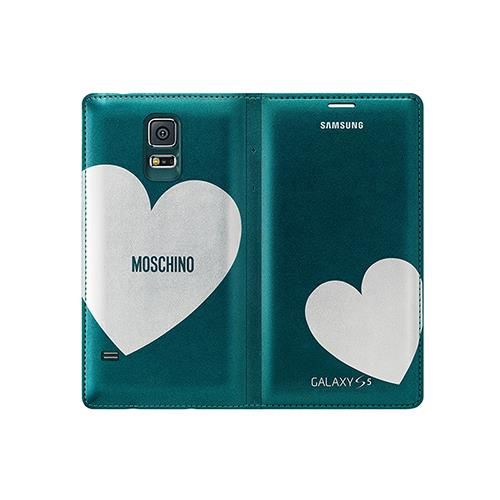 Galaxy S5 ile Uyumlu Moschino Flip Wallet Kılıf Mavi-Gümüş Kalp EF-WG900RGEGWW